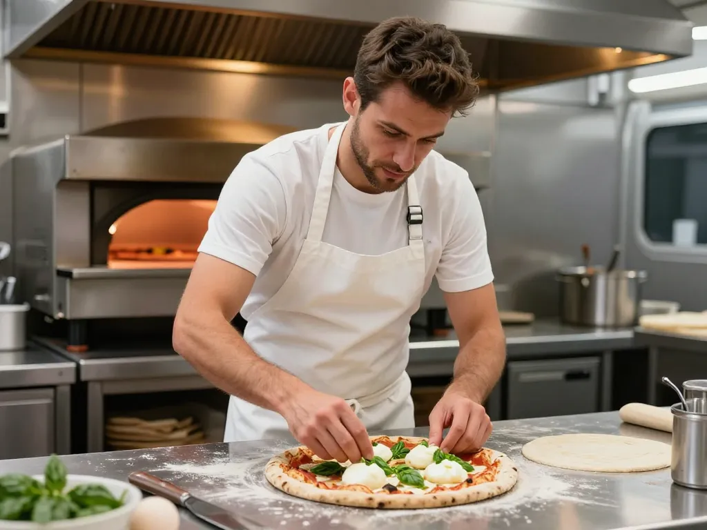 Pizzaiolo préparant une pizza dans un food truck